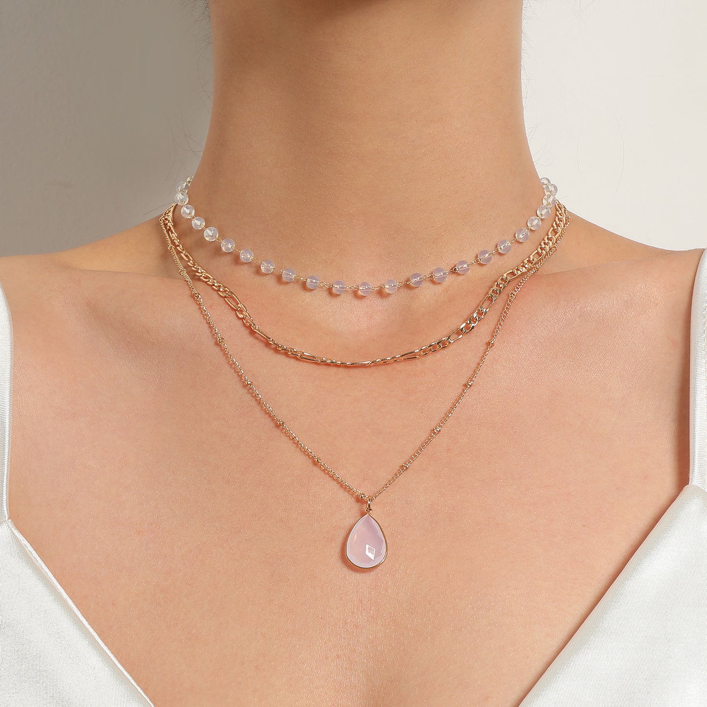 Geometric Mother-of-Pearl Pendant Necklace with Alloy Chain, Electroplated Finish, Adjustable Triple Strand Design