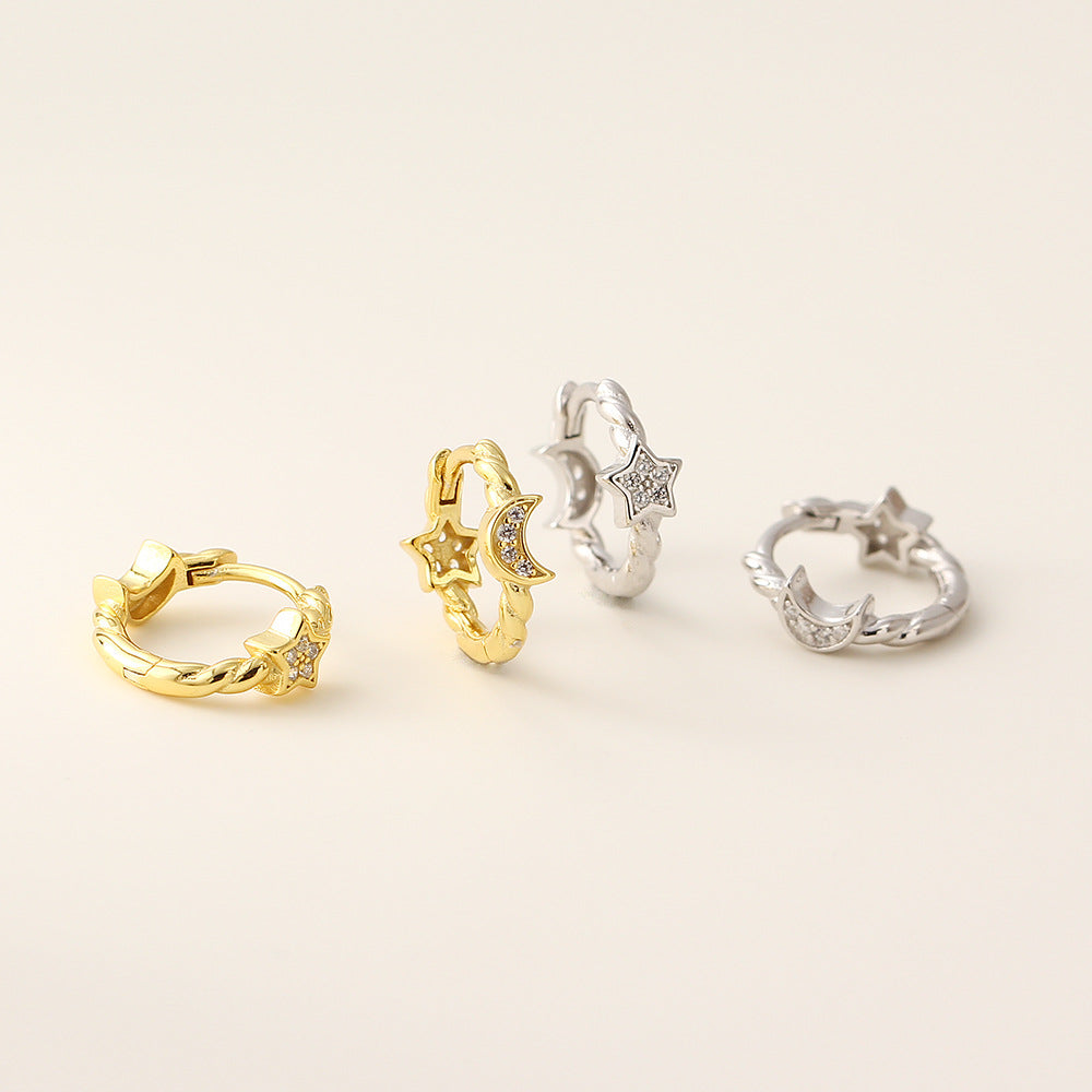 Dulces Pendientes de Aro Geométricos de Plata de Ley 925 con Diseño de Estrella y Luna y Diamantes para Mujer