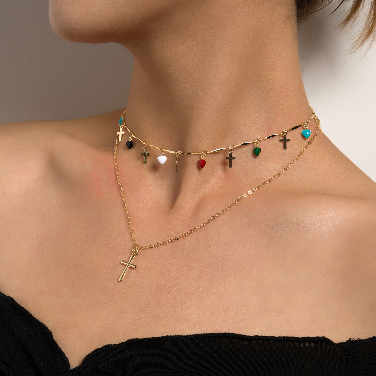 Minimalist Cross Heart Geometric Alloy Necklace with Colorful Rhinestone Enamel Drop, Plated Regular Chain for Women