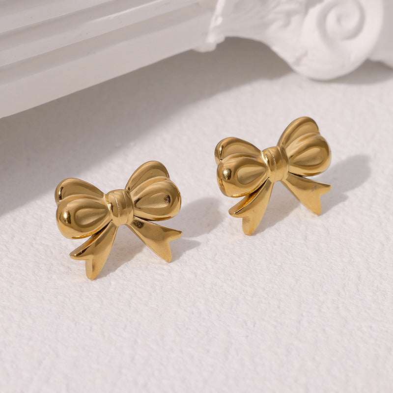 Minimalist Bow-Shaped Stainless Steel Stud Earrings with 18K Gold Plating for Women