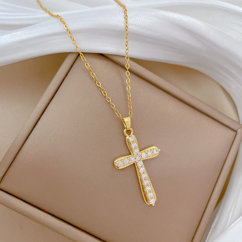Collana di lusso fresca e dolce con ciondolo a croce geometrica in acciaio inossidabile, strass, rame, per uomo e donna
