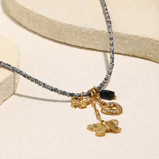 Minimalist Butterfly Pendant Necklace in Stainless Steel with 18K Gold Plating on Cotton Cord for Women