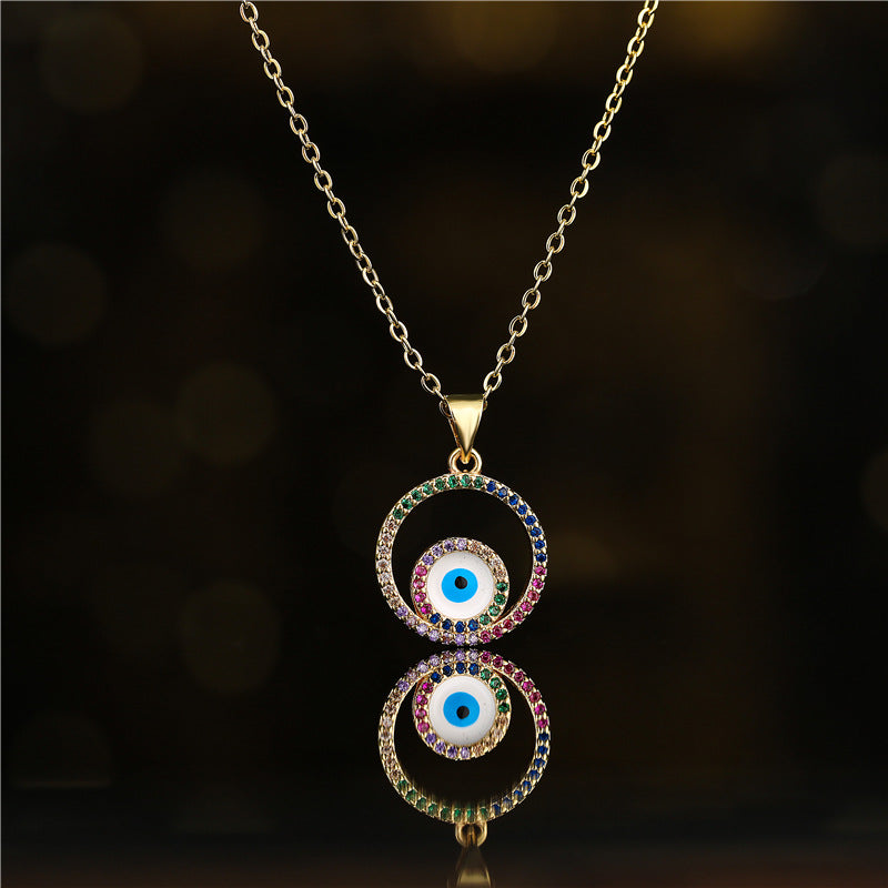 Round Brass Evil Eye Drip Oil Necklace with Micro-inlaid Cubic Zirconia for Women