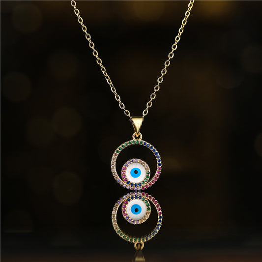 Round Brass Evil Eye Drip Oil Necklace with Micro-inlaid Cubic Zirconia for Women