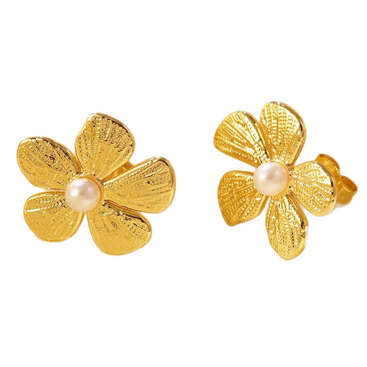 Vintage Elegant Floral Stainless Steel Plated Pearl Stud Earrings