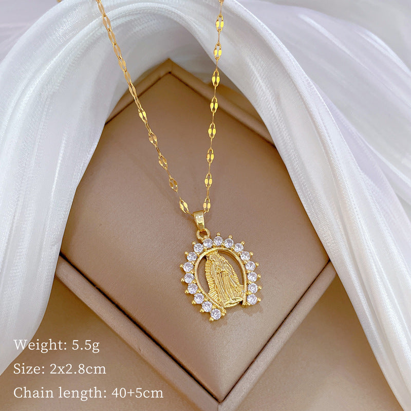 Collana con Ciondolo Minimalista a Forma di Luna in Acciaio Inox con Intarsio di Zirconi per Uomo e Donna