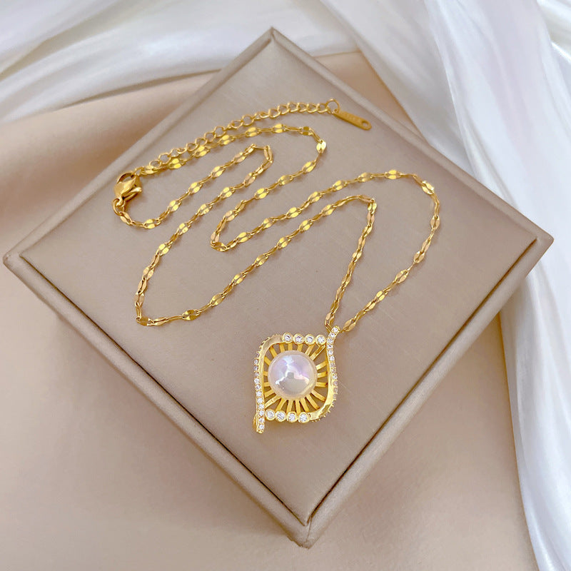 Collana con ciondolo nido di sirena geometrico minimalista da donna con catena in acciaio al titanio e strass