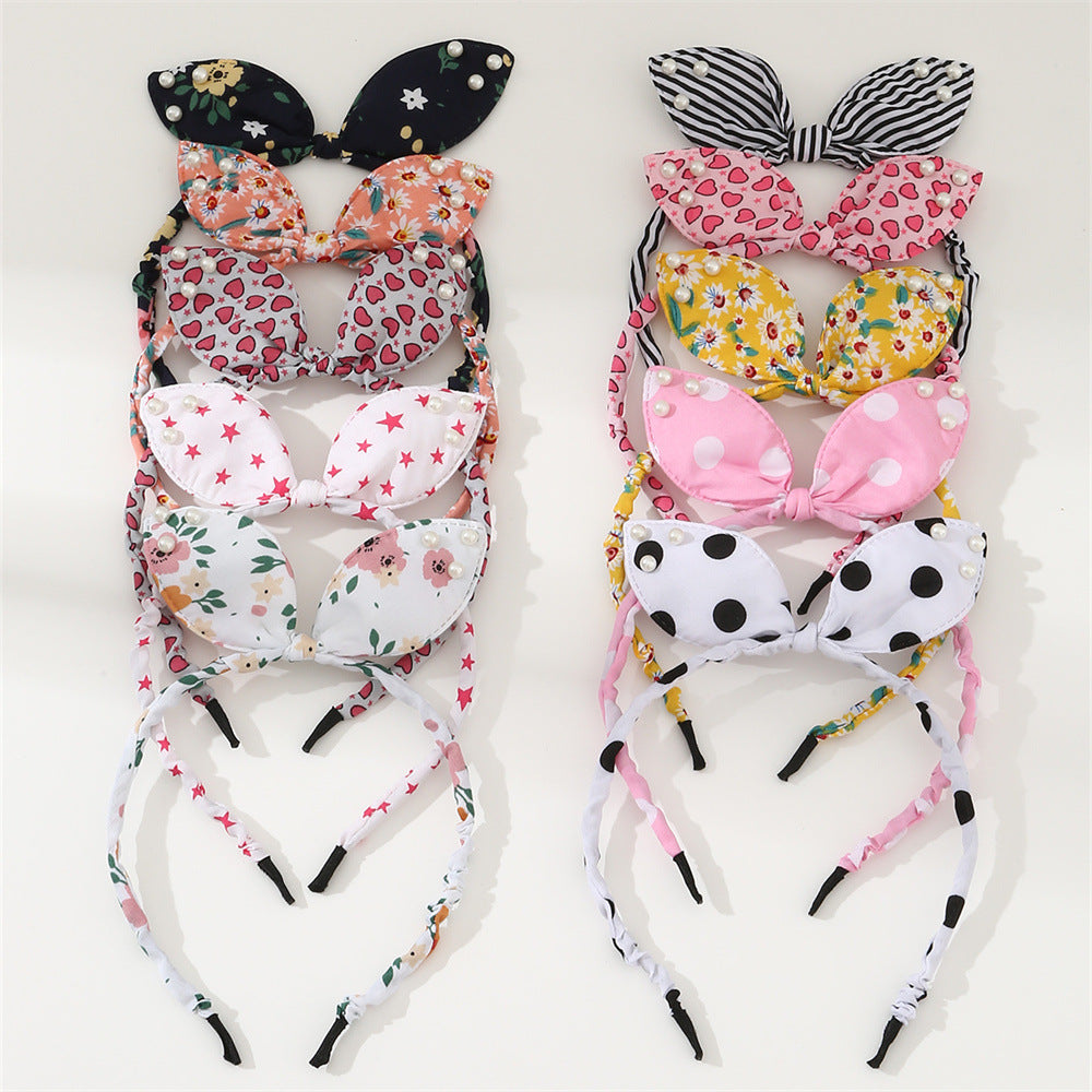 Cute Bow-Knot Rabbit Ear Headband for Kids with Pearl Accents in Fabric Material, Handmade Floral-Inspired Hair Accessory Set