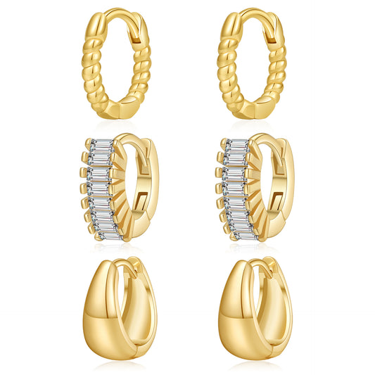 Gold Plated Brass Geometric Round Hoop Earrings with Cubic Zirconia for Women