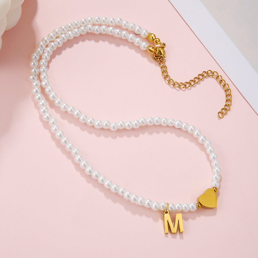 Minimalist Letter Heart Stainless Steel Pearl Necklace Women Cable Chain