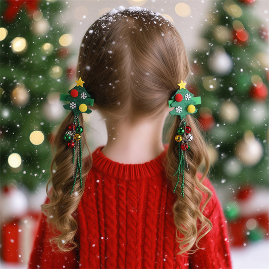 Fermaglio per capelli a forma di albero di Natale per bambini con nappe e perline di vetro in colore verde, stile festivo per le vacanze
