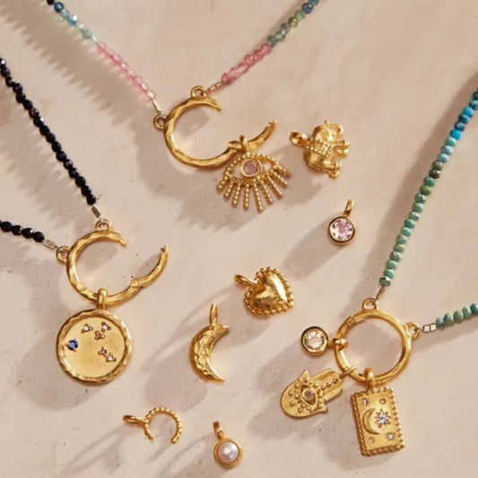 Minimalist 18K Gold Plated Titanium Steel DIY Charm Bar Necklace with Elephant Heart Moon Star Pendants
