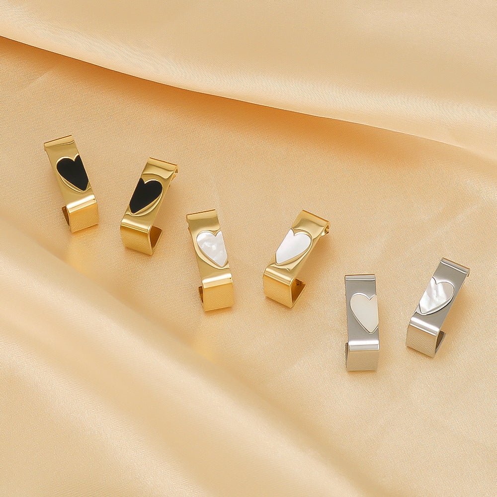 Minimalist Rectangular Stainless Steel Earrings with 18K Gold Plating and Mother-of-Pearl Inlay Heart Accent