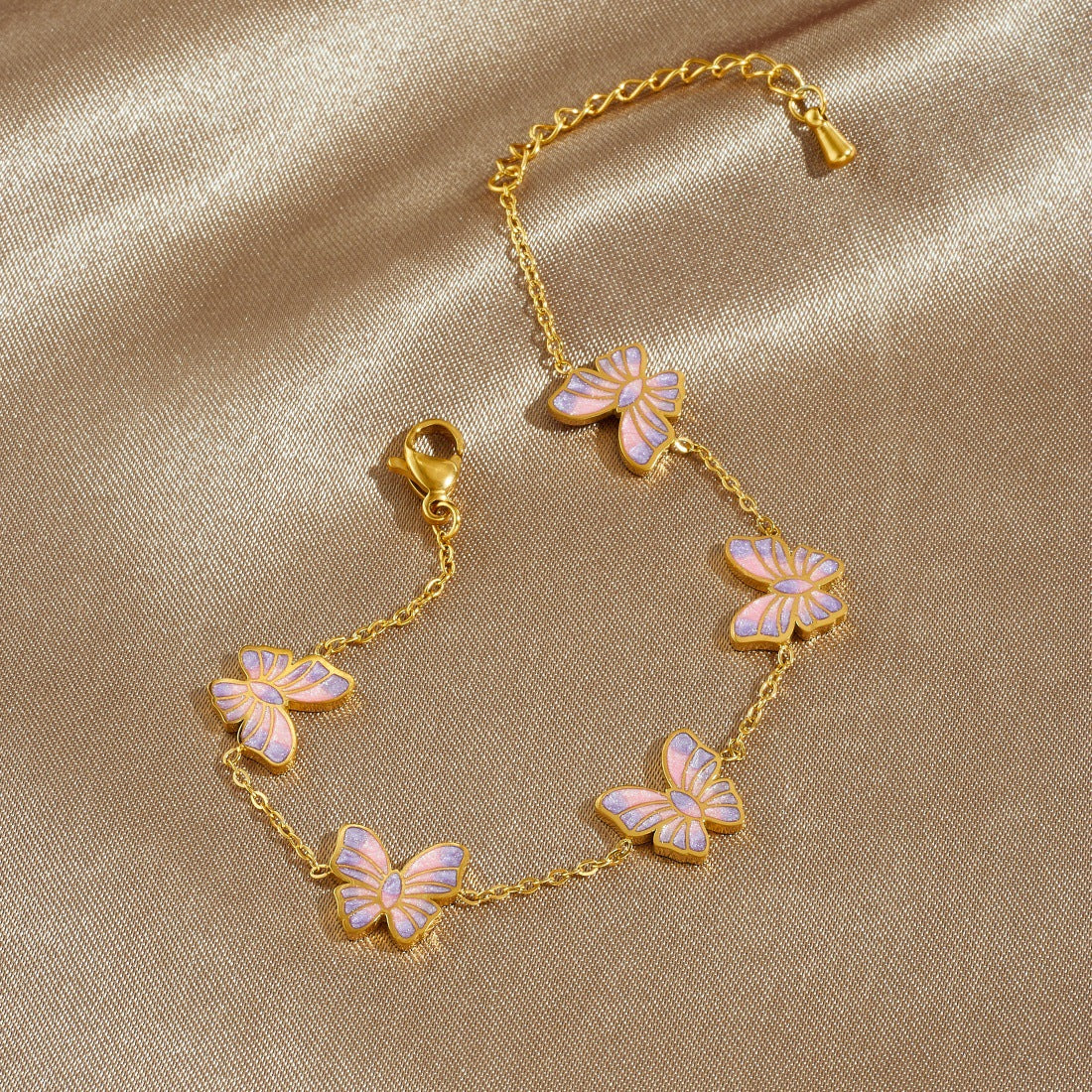Pink Purple Gradient Drip Oil Gold Plated Butterfly Stainless Steel Bracelet