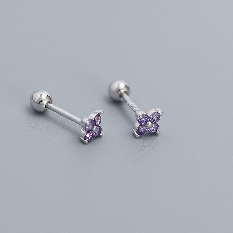 Orecchino a perno filettato da donna minimalista in argento sterling 925 con intarsi floreali e zirconi cubici