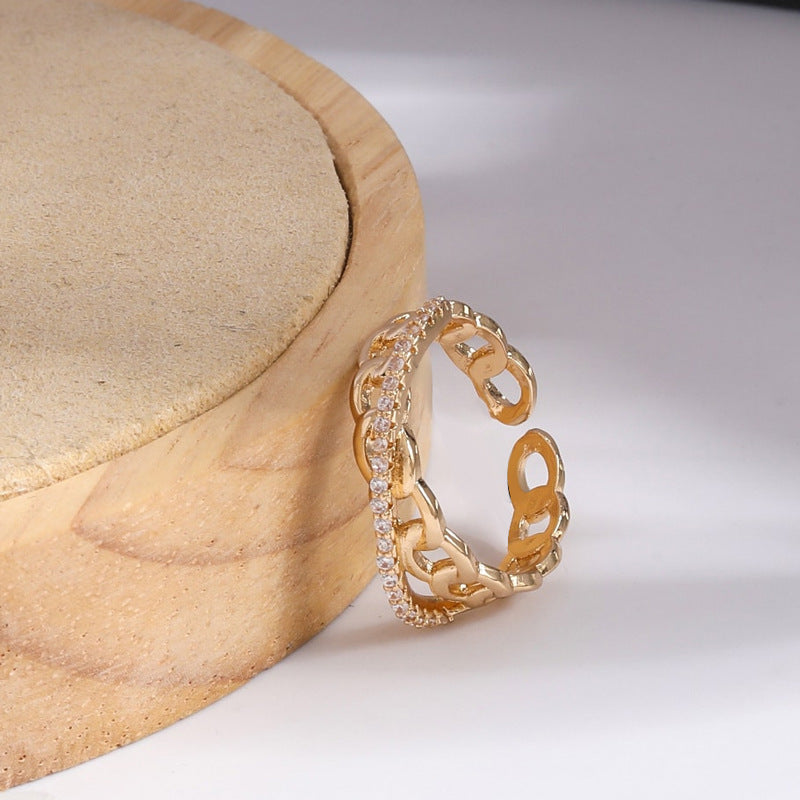 Anillo abierto ajustable con diseño geométrico en forma de U de estilo OL a la moda para mujer con incrustaciones de circonio en cobre