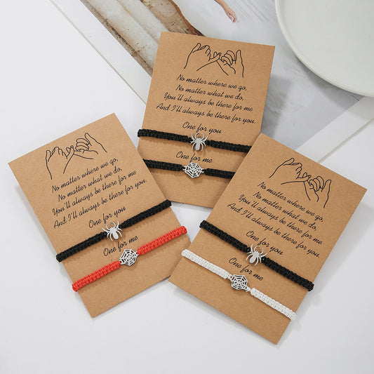 Elegante pulsera de araña de acero inoxidable para mujer con acabado pulido, pulsera de la amistad trenzada en blanco y negro con temática de Halloween