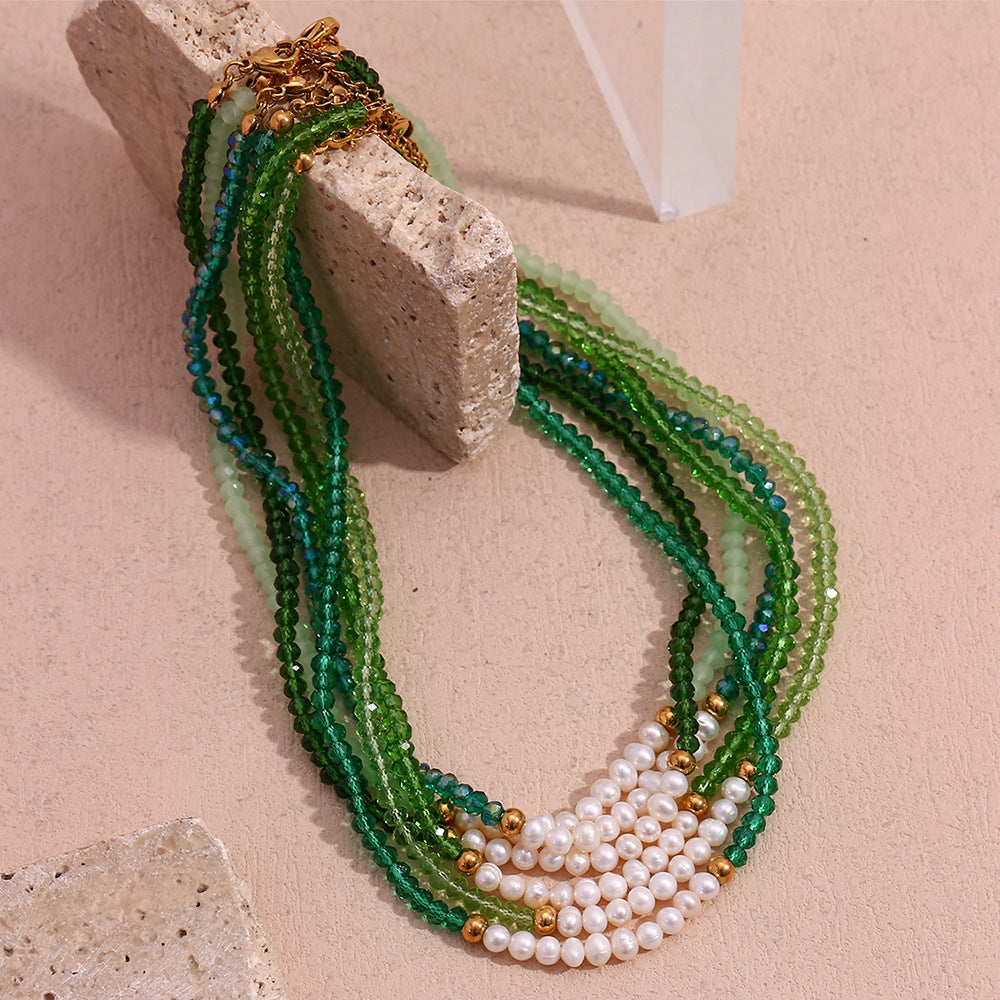 Minimalist Geometric Stainless Steel Pendant Necklace with Ten Freshwater Pearls and Green Faceted Crystals, Electroplated Finish