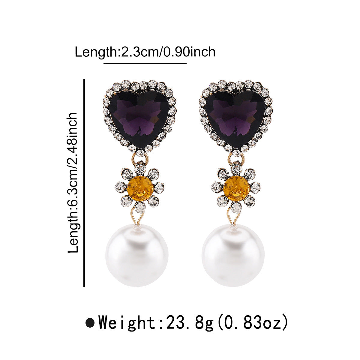 Pendientes de aleación con forma de corazón vintage con detalles de diamantes de imitación y perlas de imitación para mujer