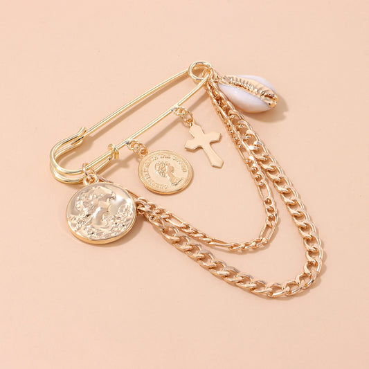 Vintage Alloy Portrait Cartoon Character Brooch with Beach Chain for Women