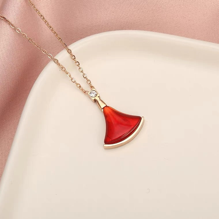 Minimalist Irregular Skirt Fan Shape Rose Gold Plated Titanium Steel Necklace with White Mother of Pearl