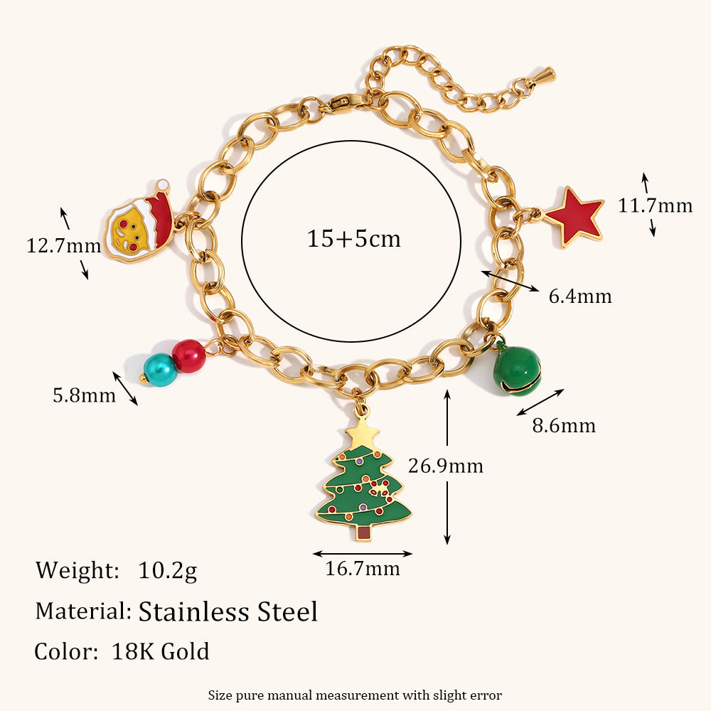 Bracciale con ciondolo ad albero di Natale e stella, grazioso, in acciaio inossidabile con placcatura in oro 18 carati da donna