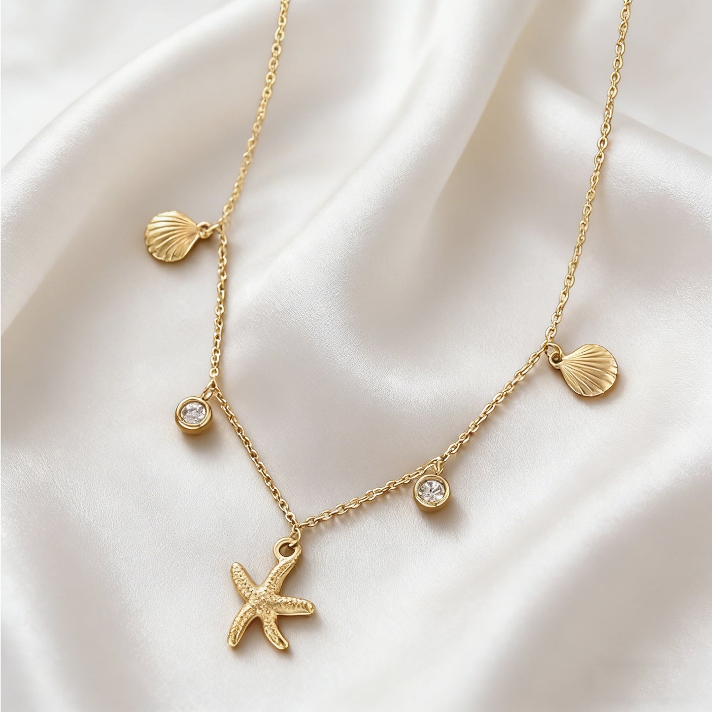 Ocean Theme Starfish Shell Stainless Steel Necklace and Bracelet Set for Women