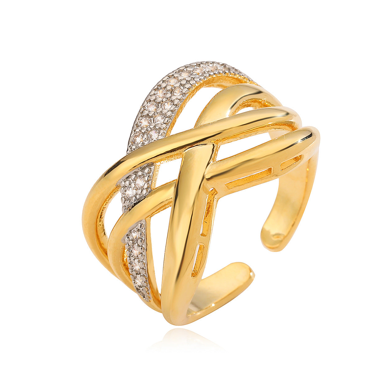 Anello aperto irregolare geometrico vintage da donna in rame placcato oro 18 carati con intarsio di zirconi