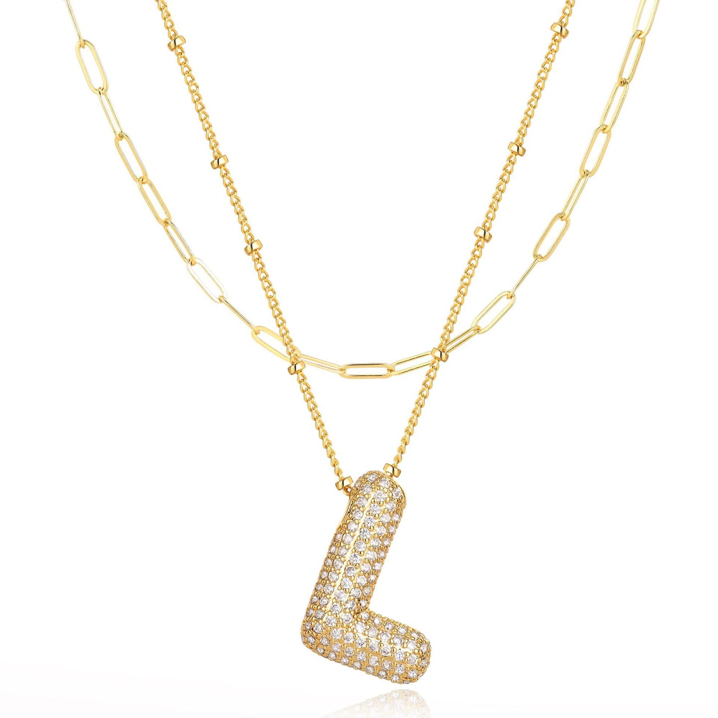 18K Gold Plated Brass Double Layer Letter Necklace Micro Pave Cubic Zirconia Serpentine Chain Women's Jewelry