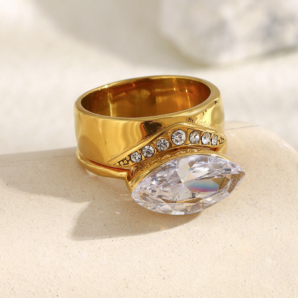 Minimalist Geometric Stainless Steel Ring with 18K Gold Plating and Colored Zirconia for Women