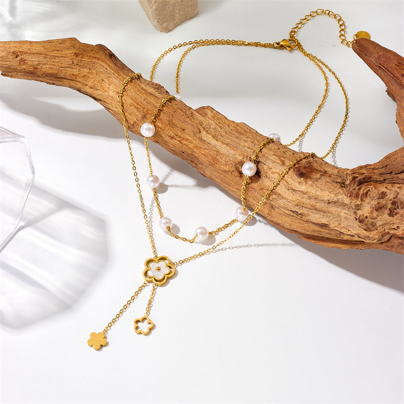 Minimalist Fashion Double-Layer Pearl Flower Pendant Titanium Steel Necklace with Tassel and Chain