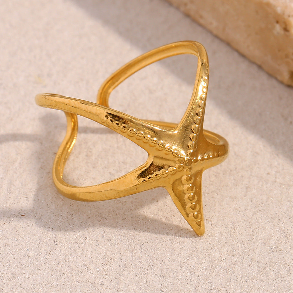 Anello da donna in acciaio inossidabile a forma di stella, placcato oro 18K, ispirato all'oceano, per gioielli da mano