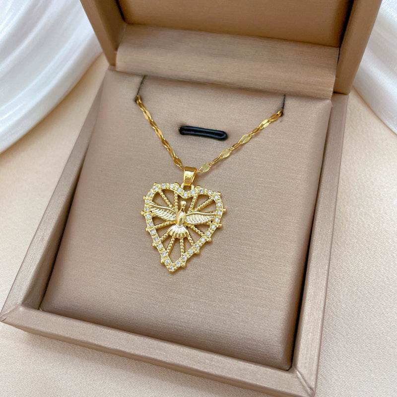 Collana Minimalista a Cuore in Acciaio al Titanio con Motivo Fenice da Donna, Delicata Catena Leggera per Clavicola con Accenti di Strass