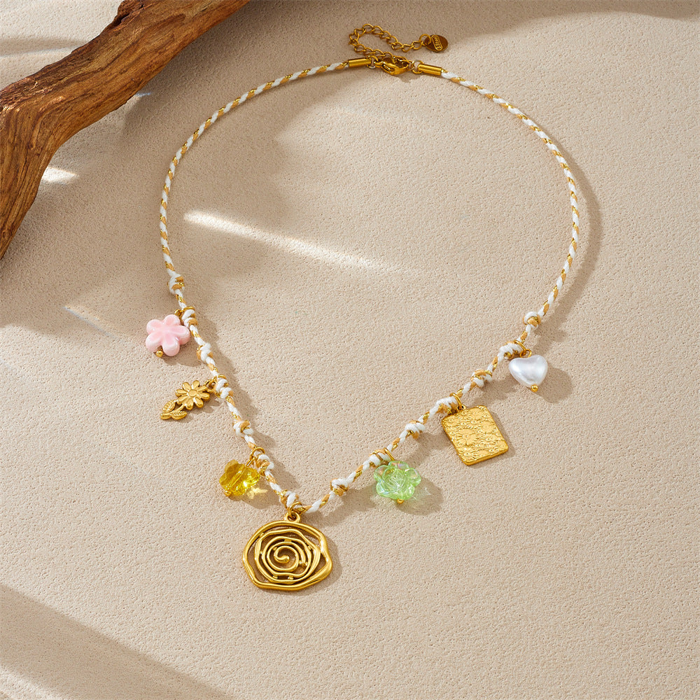 Sweet Gold Plated Stainless Steel Floral Heart Square Geometric Charm Bar Necklace for Women
