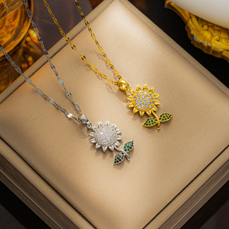 Minimalist Sunflower Pendant Necklace for Women in Titanium Steel with Plating Finish and Zircon Accents on Wavy Chain