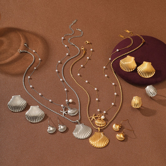 Minimalist Geometric Stainless Steel Titanium Steel Necklace Set with Pearl and Shell Pendant for Women