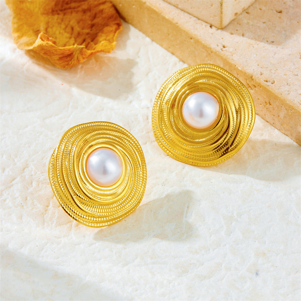Vintage Elegant 18K Gold Plated Round Wire-Wrapped Pearl Stainless Steel Necklace Earring Ring Set