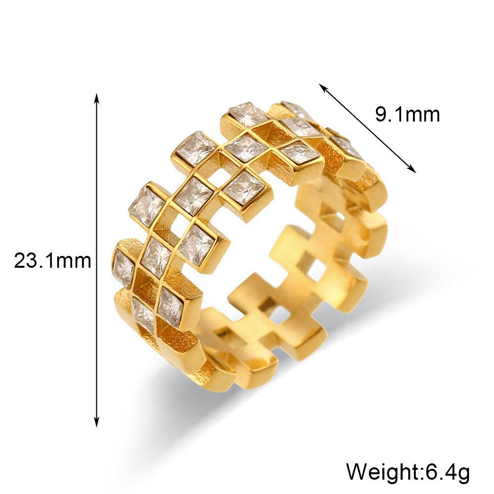 Anello minimalista geometrico in acciaio inossidabile con placcatura in oro 18 carati e zirconi micro-pavé da donna
