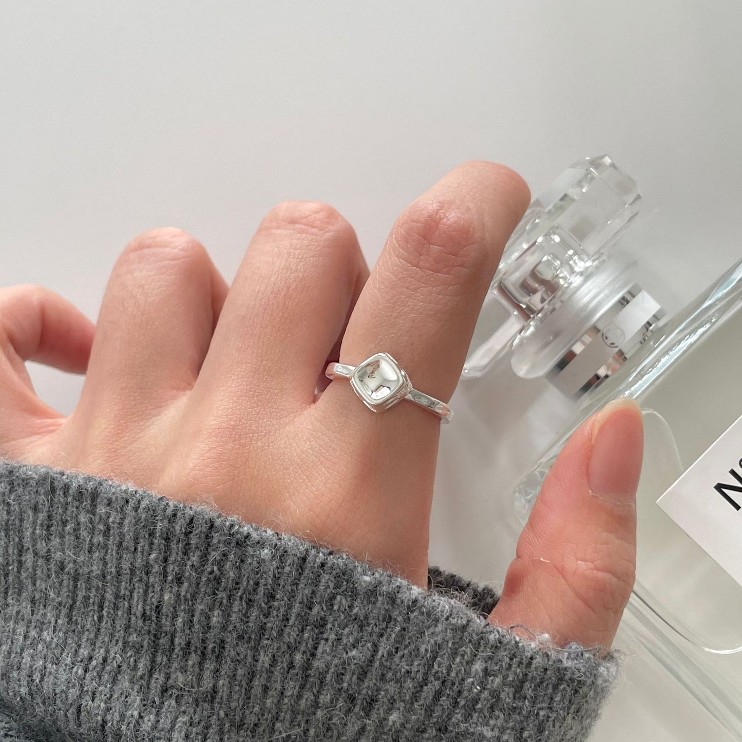 Minimalist Sweet 925 Sterling Silver Square Heart Textured Open Ring for Women