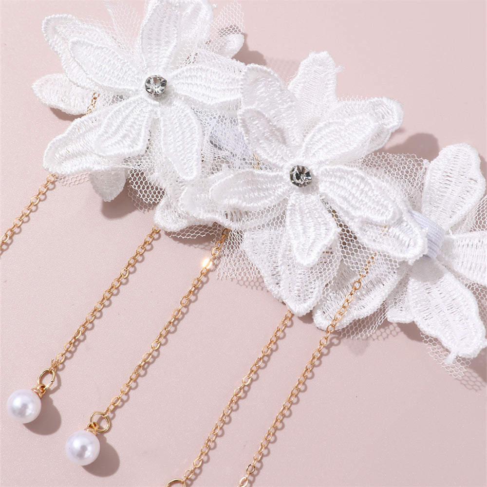 Anello per Capelli per Bambini con Fiori, Perle, Pizzo e Nappe