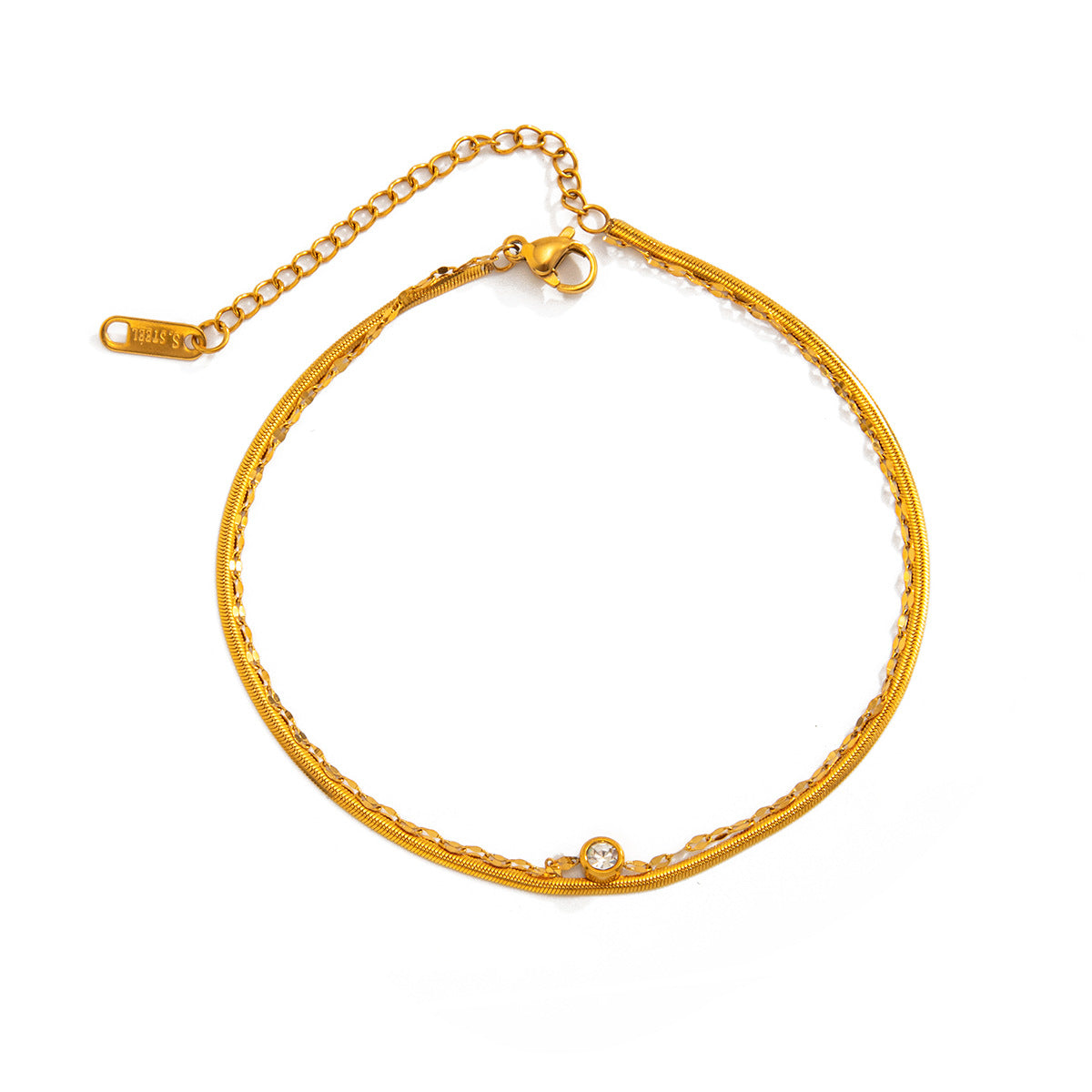 Minimalist Geometric Stainless Steel PVD 18K Gold Plated Cubic Zirconia Inlaid Snake Chain Anklet for Women
