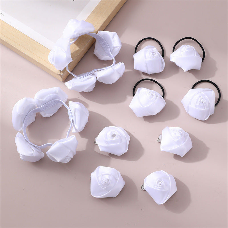 Conjunto de accesorios para el cabello de niña estilo INS con lazo de doble capa y rosa blanca 3D, que incluye pinzas para el cabello y gomas para el cabello