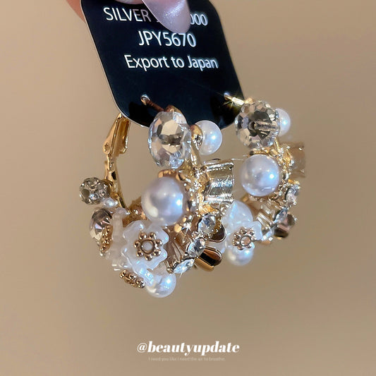Elegantes Pendientes Florales Vintage Franceses con Perlas e Incrustaciones de Pedrería para Mujer