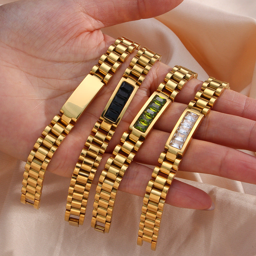 Fashionable Geometric Stainless Steel Plated Bracelet with Zirconia Accents for Women Adjustable Watch Band Jewelry