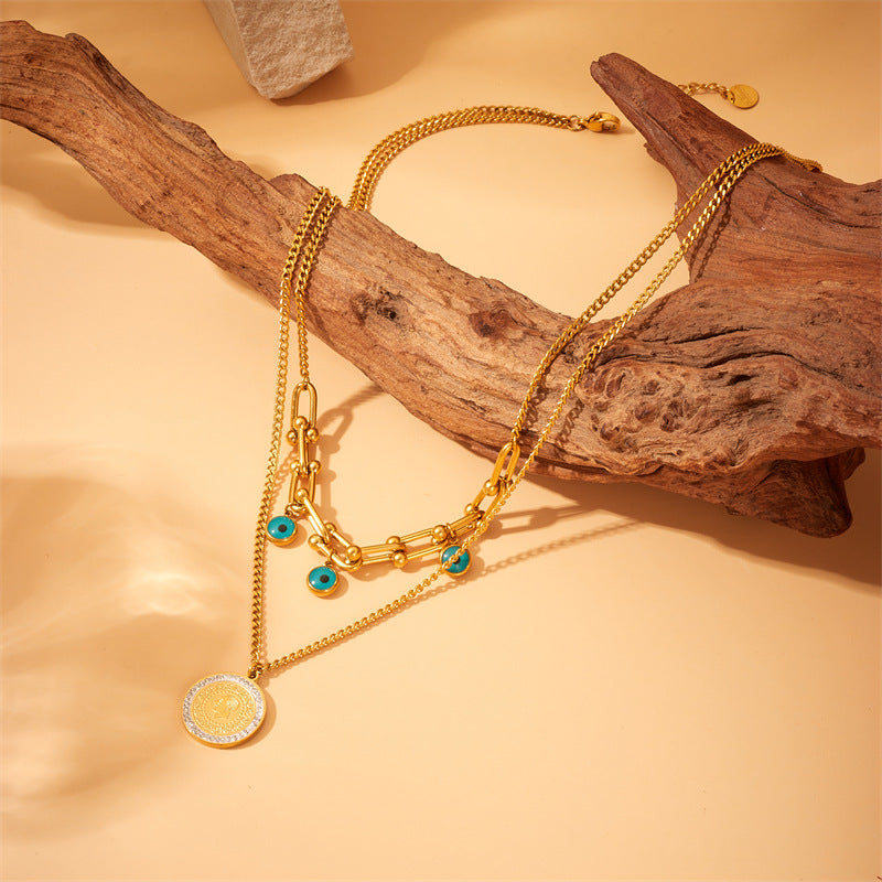 Collana Pendente Mano e Occhio in Acciaio Inossidabile Placcato Oro Doppio Strato Vintage