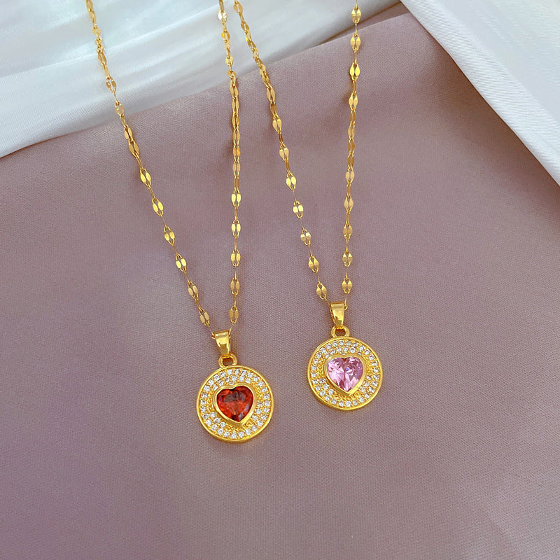 Minimalist Heart-Shaped Titanium Steel Necklace with Rhinestone Inlay, Floral Petal Pendant Design for Women