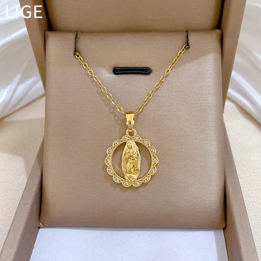 Sweet Round Geometric Titanium Steel Necklace with Cubic Zirconia Inlay and Brass Pendant
