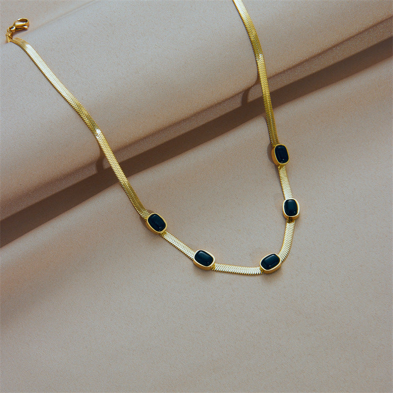 Vintage Minimalist Geometric Titanium Steel Snake Chain Necklace with Black Rhinestones for Women