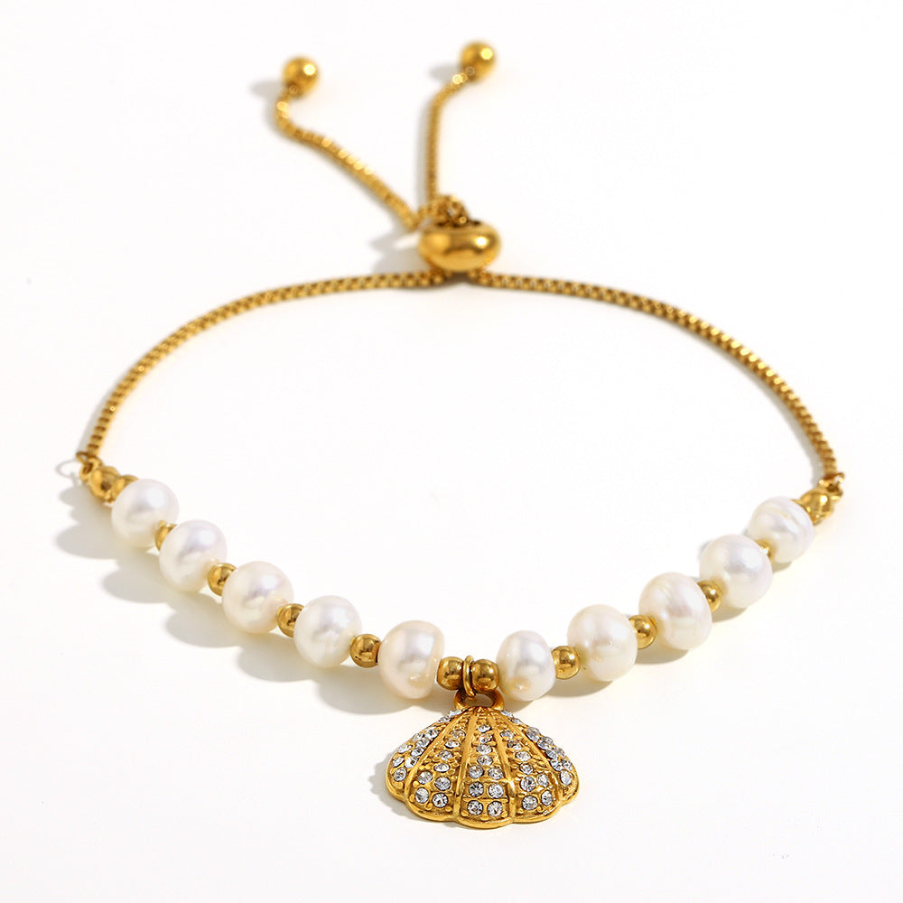 Bracciale regolabile da donna in acciaio inossidabile placcato oro 18 carati con perle e conchiglie, stile vintage geometrico