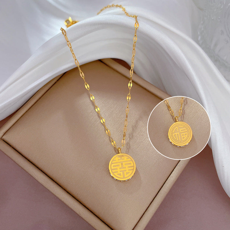 Titanium Steel Gold-Plated Double-Sided Feng Shui Pendant Necklace with Rhinestone Inlay for Women Locket Style Clavicle Chain